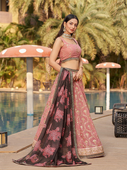 Odette Pink Georgette Embroidered Semi Stitched Lehenga With Unstitched Blouse For Women