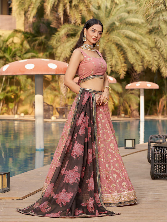 Odette Pink Georgette Embroidered Semi Stitched Lehenga With Unstitched Blouse For Women