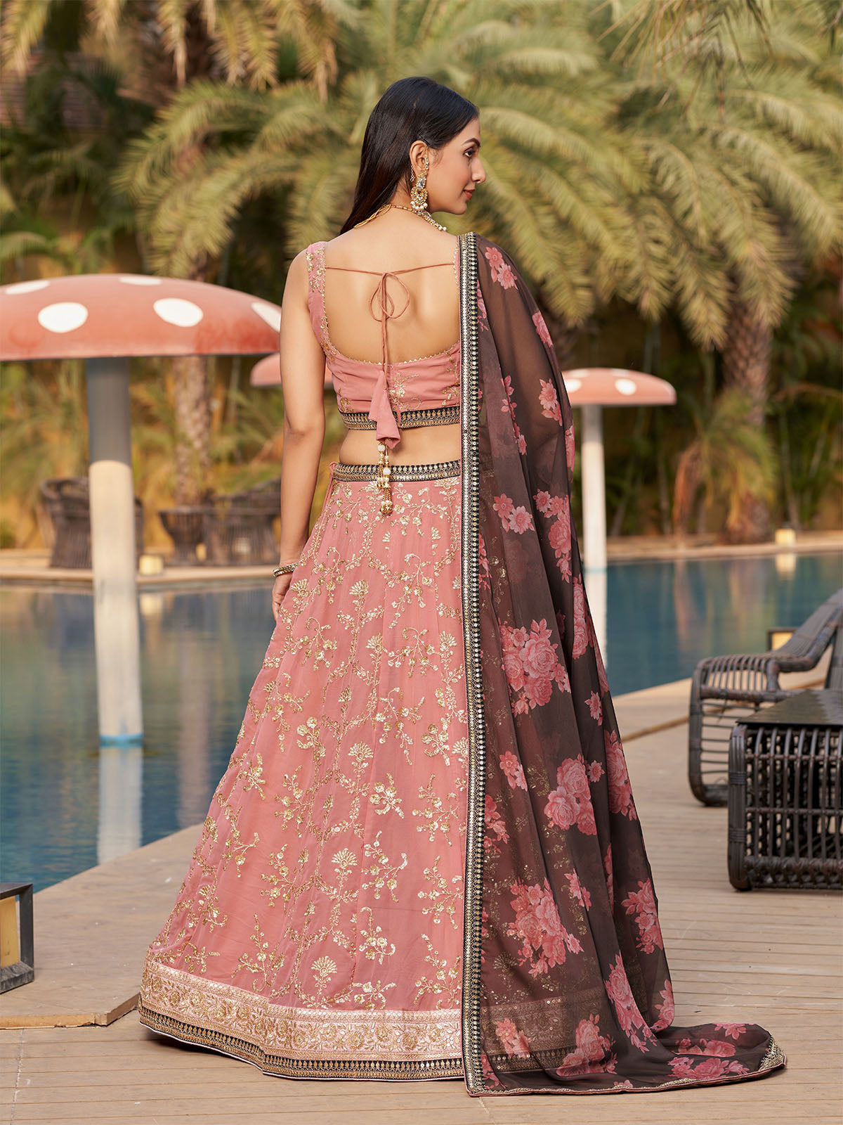 Odette Pink Georgette Embroidered Semi Stitched Lehenga With Unstitched Blouse For Women