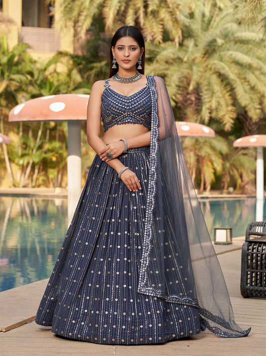 Odette Grey Georgette Embellished Semi Stitched Lehenga With Unstitched Blouse For Women
