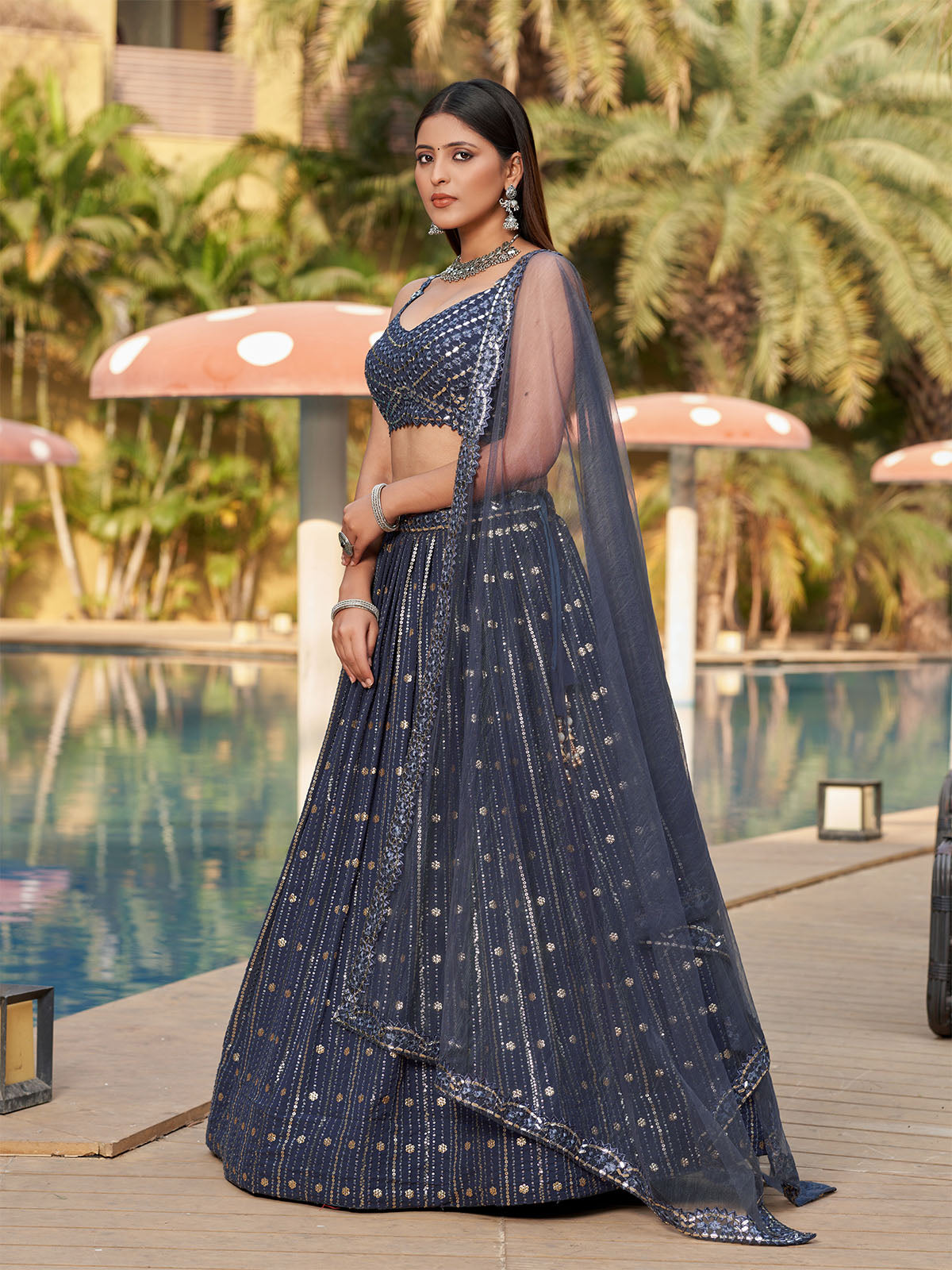 Odette Grey Georgette Embellished Semi Stitched Lehenga With Unstitched Blouse For Women
