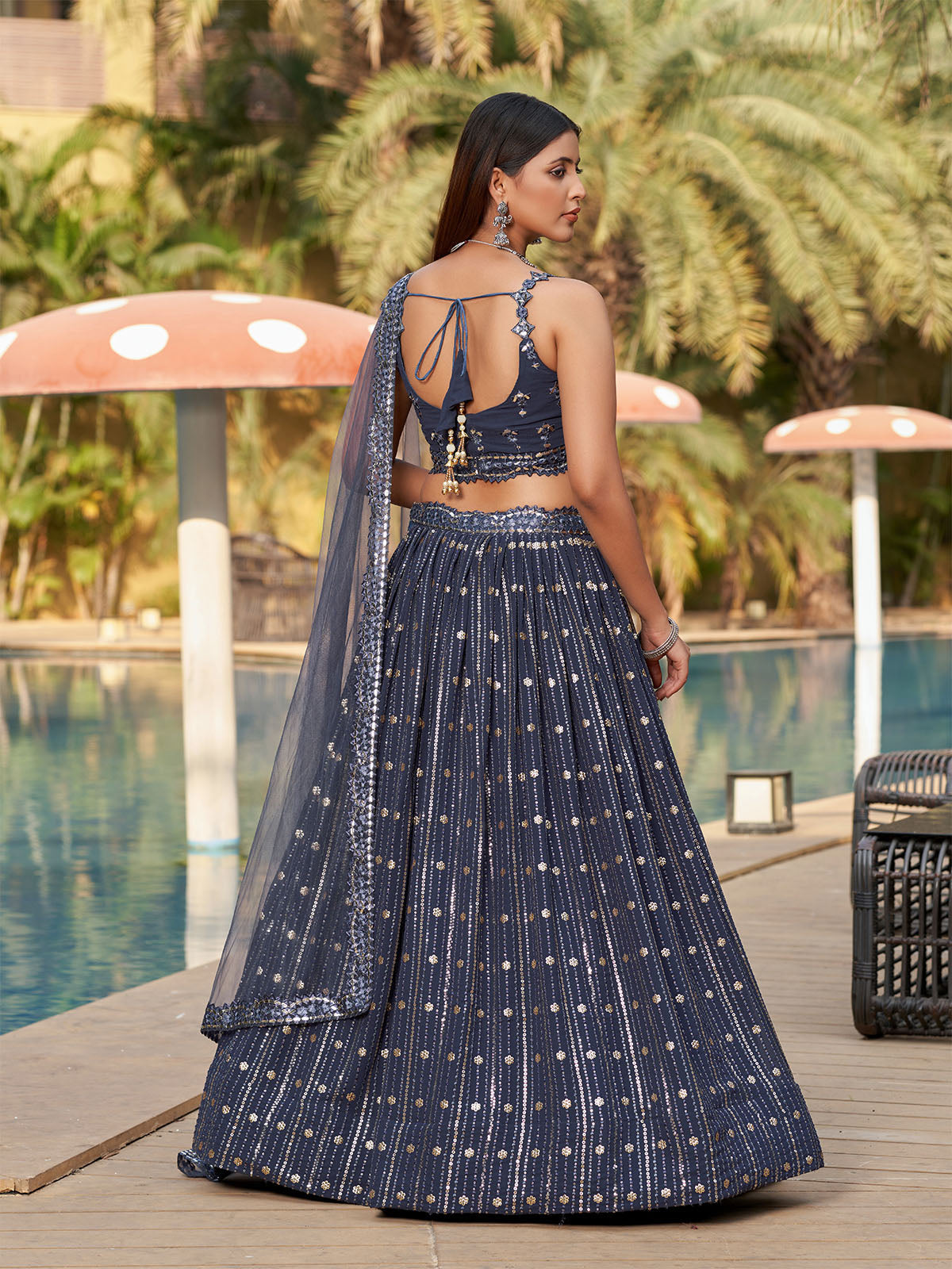 Odette Grey Georgette Embellished Semi Stitched Lehenga With Unstitched Blouse For Women