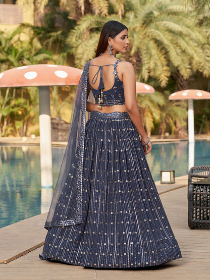 Odette Grey Georgette Embellished Semi Stitched Lehenga With Unstitched Blouse For Women