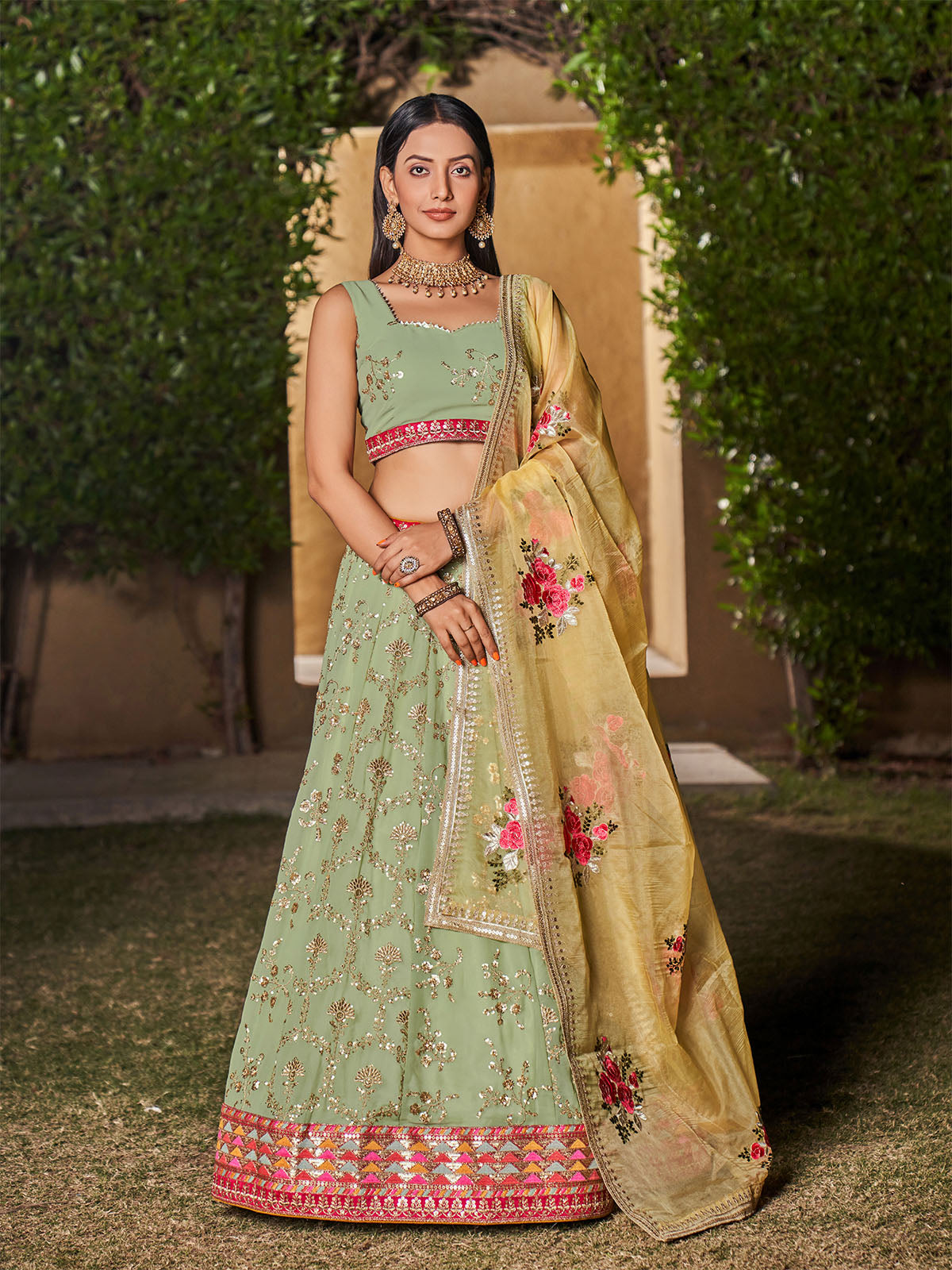 Odette Light Green Georgette Embellished Semi Stitched Lehenga With Unstitched Blouse For Women