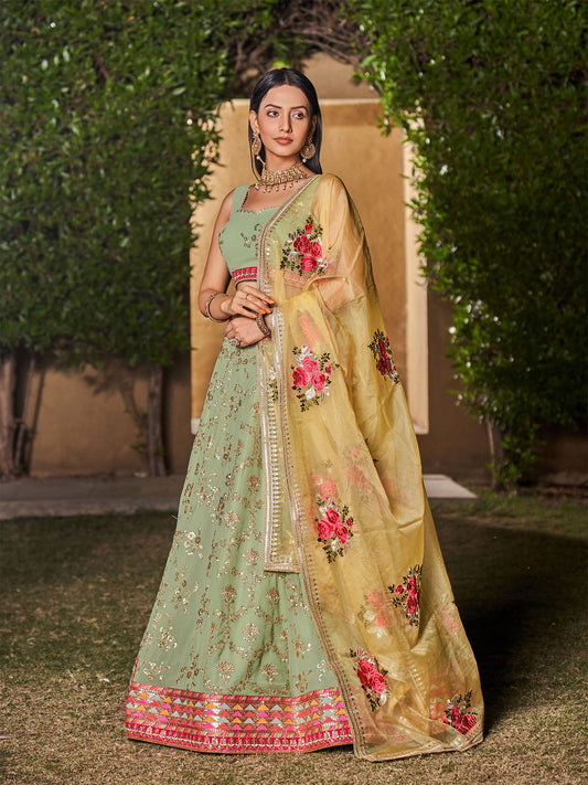 Odette Light Green Georgette Embellished Semi Stitched Lehenga With Unstitched Blouse For Women