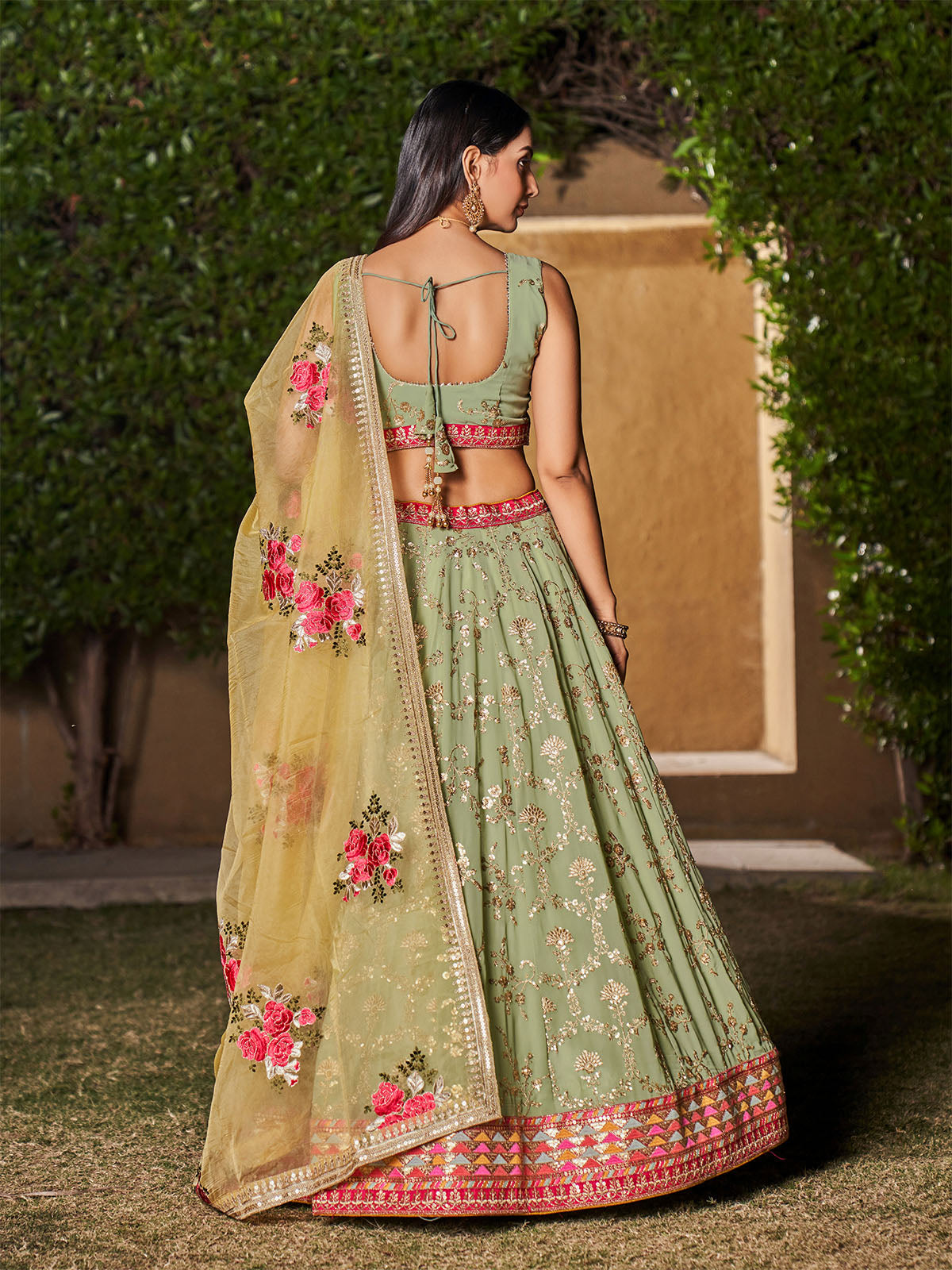 Odette Light Green Georgette Embellished Semi Stitched Lehenga With Unstitched Blouse For Women