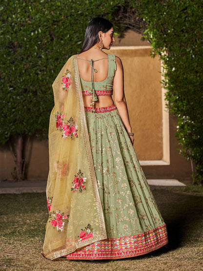 Odette Light Green Georgette Embellished Semi Stitched Lehenga With Unstitched Blouse For Women