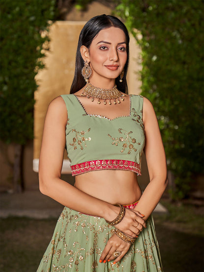Odette Light Green Georgette Embellished Semi Stitched Lehenga With Unstitched Blouse For Women