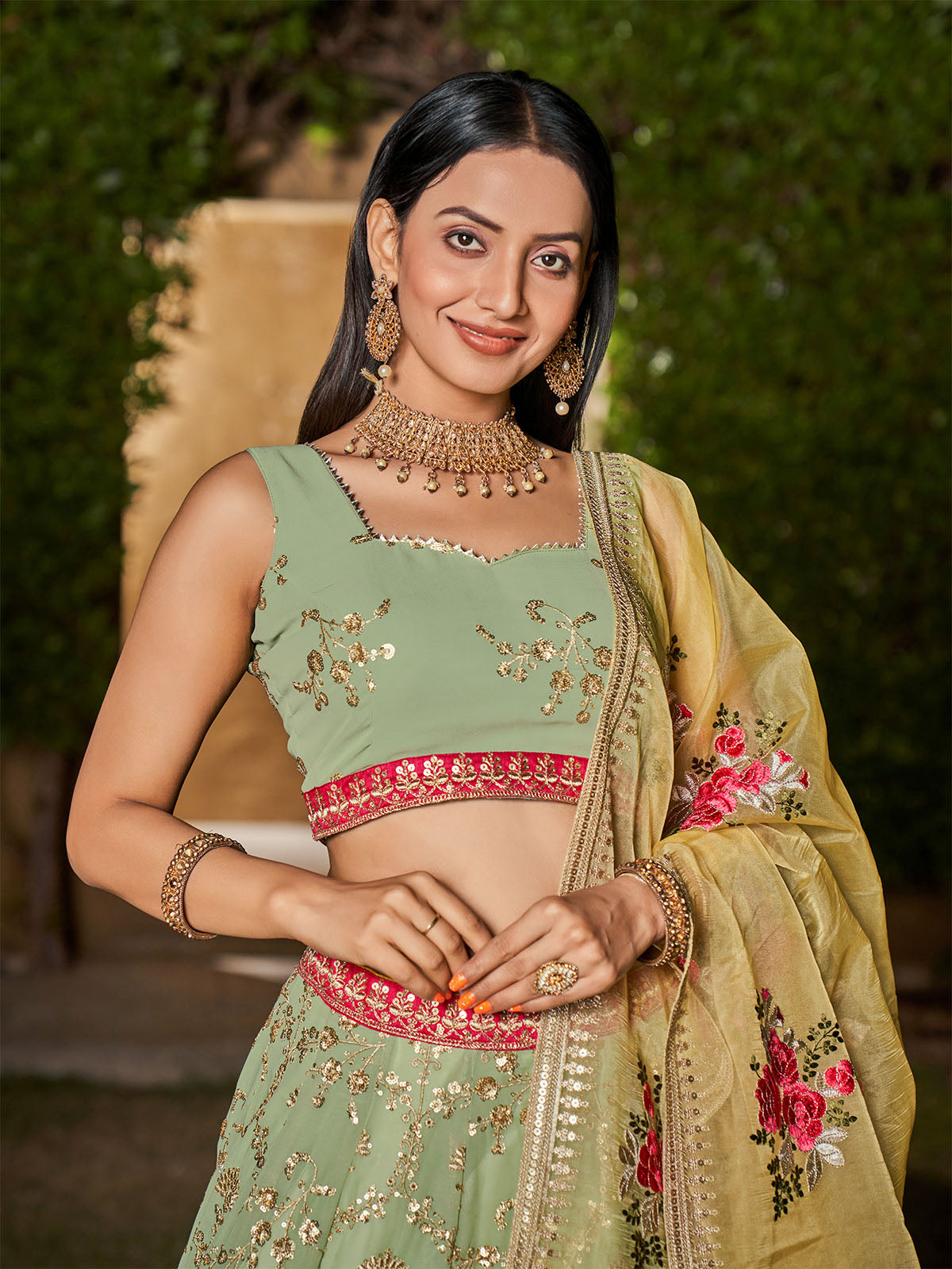Odette Light Green Georgette Embellished Semi Stitched Lehenga With Unstitched Blouse For Women