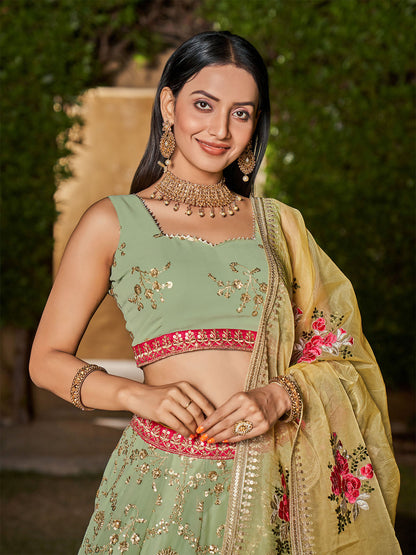 Odette Light Green Georgette Embellished Semi Stitched Lehenga With Unstitched Blouse For Women