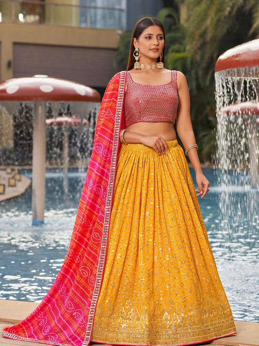 Odette Yellow Georgette Embellished Semi Stitched Lehenga With Unstitched Blouse For Women