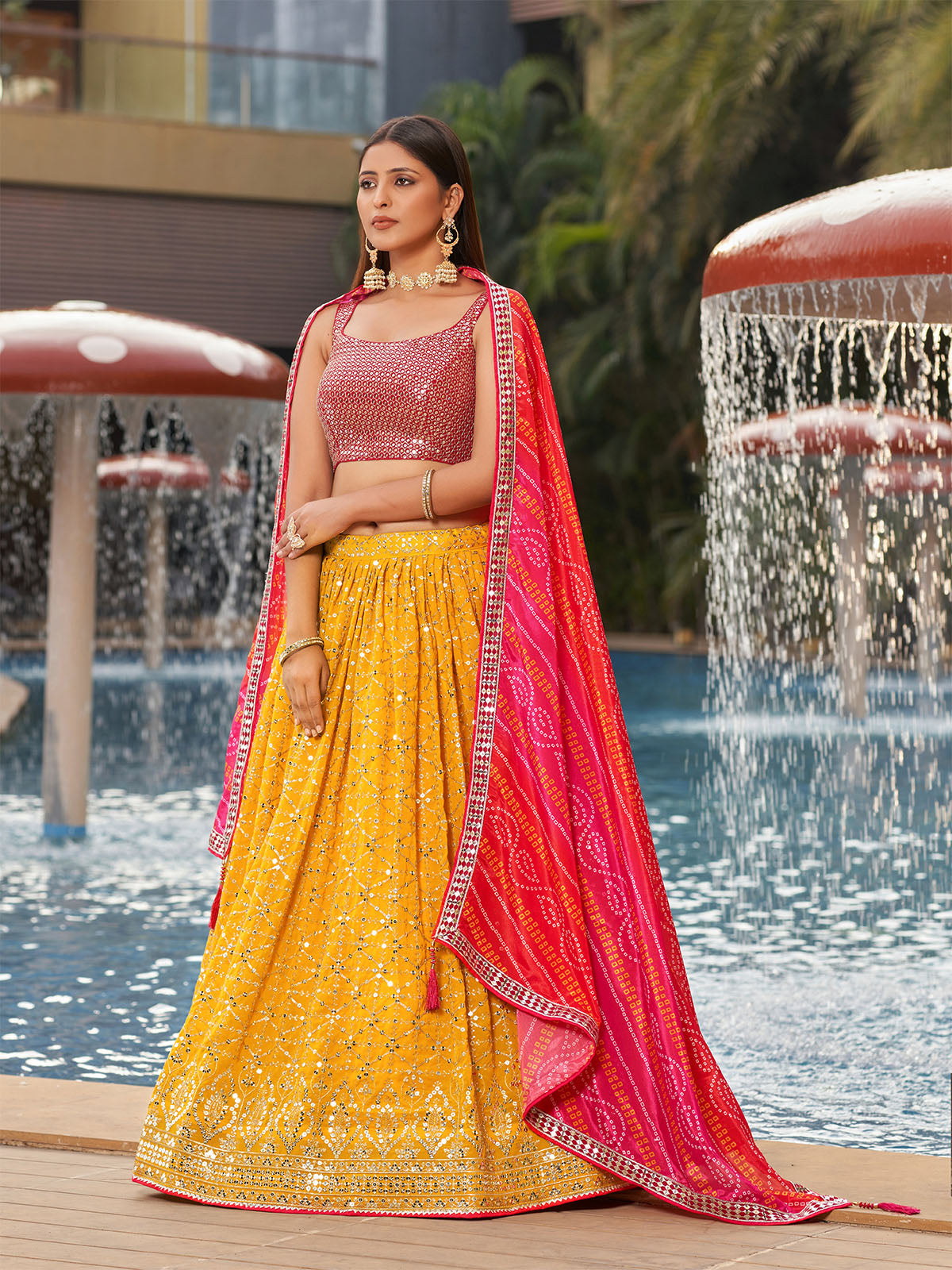 Odette Yellow Georgette Embellished Semi Stitched Lehenga With Unstitched Blouse For Women