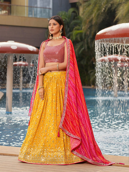 Odette Yellow Georgette Embellished Semi Stitched Lehenga With Unstitched Blouse For Women