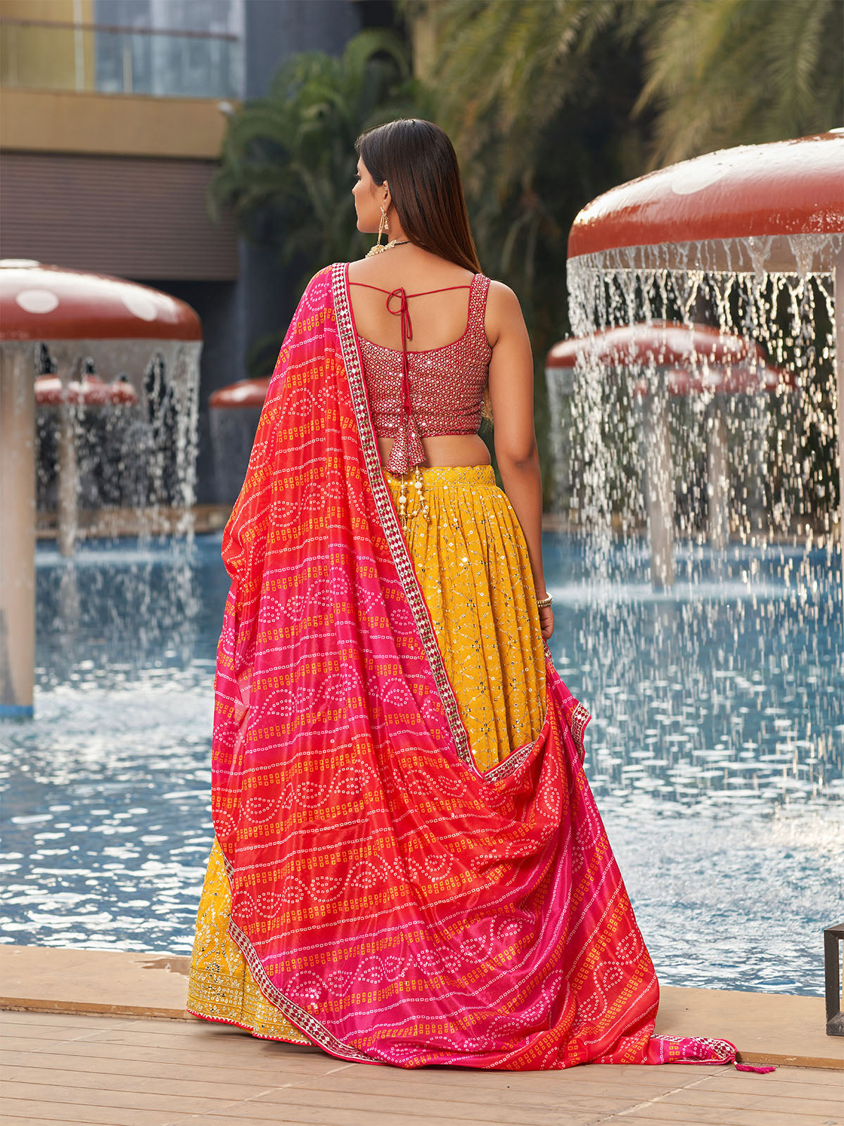 Odette Yellow Georgette Embellished Semi Stitched Lehenga With Unstitched Blouse For Women