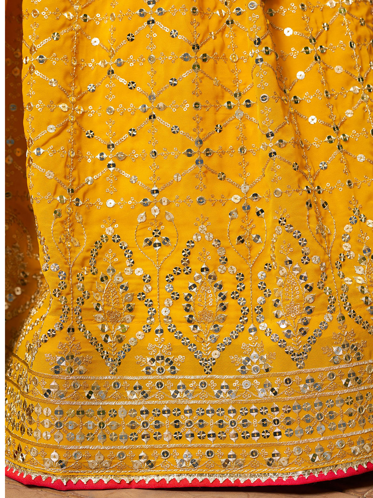 Odette Yellow Georgette Embellished Semi Stitched Lehenga With Unstitched Blouse For Women