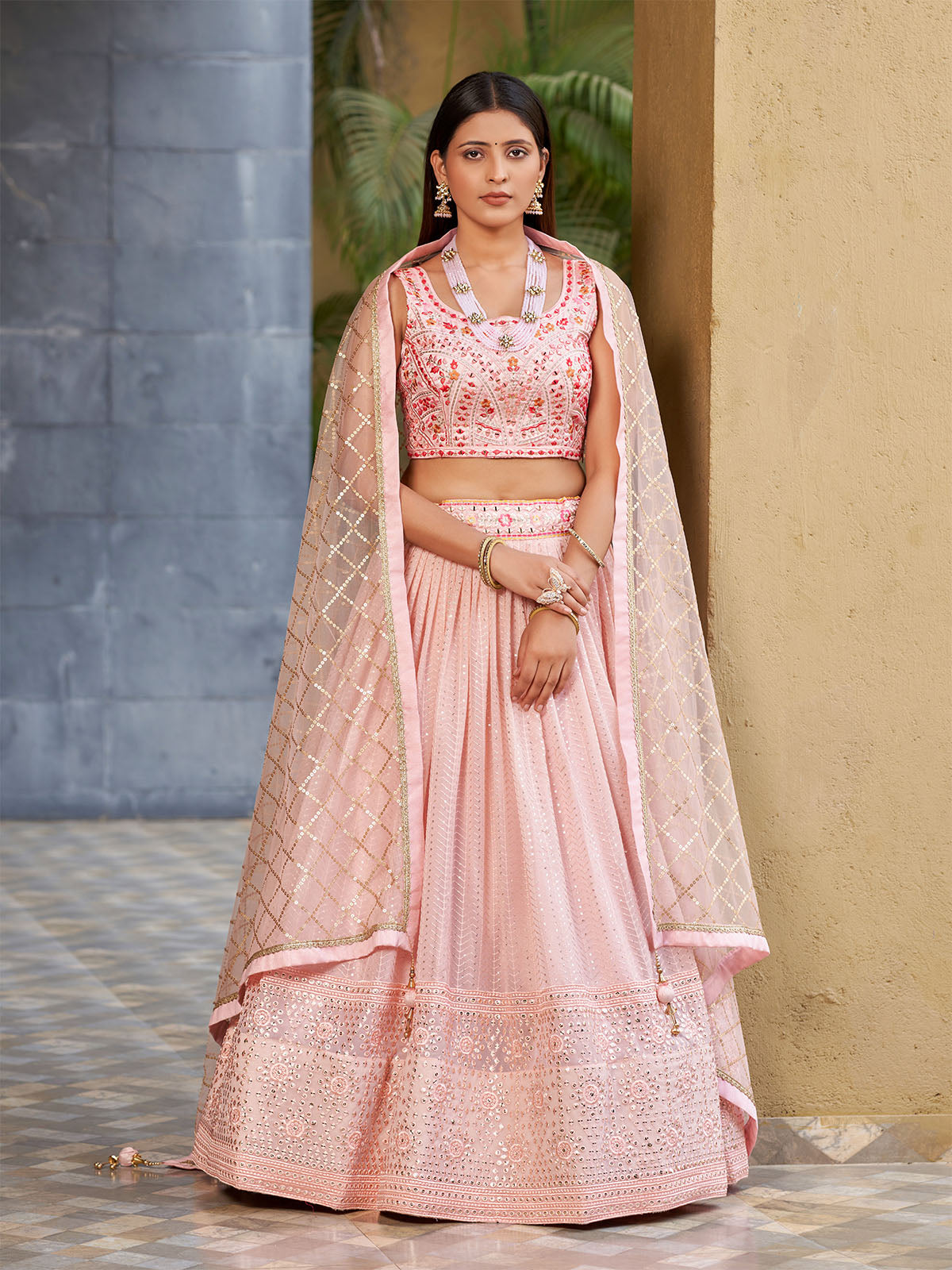 Odette Light Pink Art Silk Embellished Semi Stitched Lehenga With Unstitched Blouse For Women