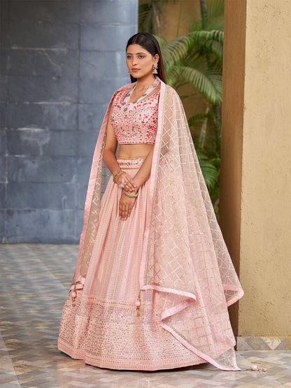 Odette Light Pink Art Silk Embellished Semi Stitched Lehenga With Unstitched Blouse For Women