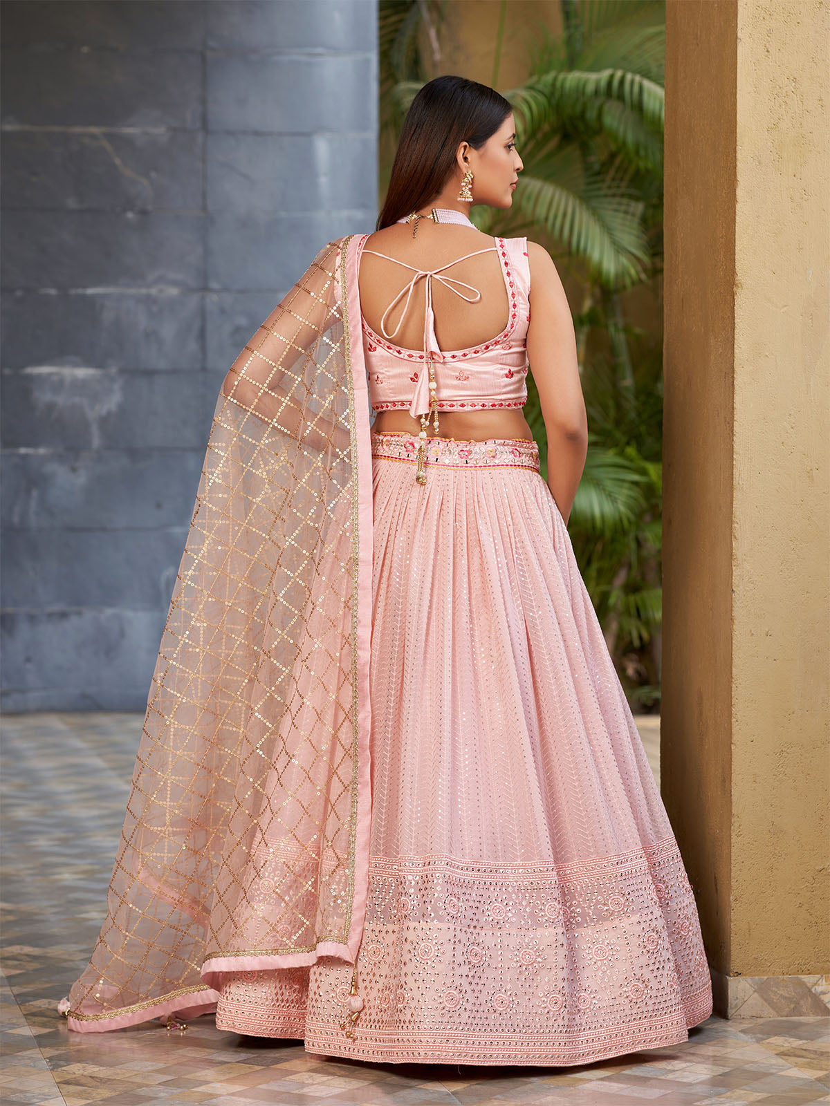 Odette Light Pink Art Silk Embellished Semi Stitched Lehenga With Unstitched Blouse For Women