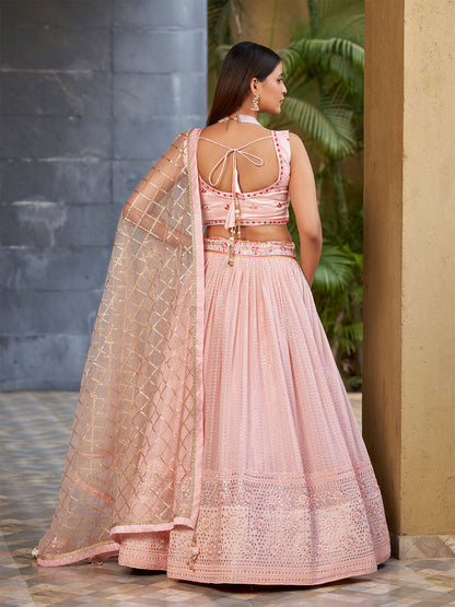 Odette Light Pink Art Silk Embellished Semi Stitched Lehenga With Unstitched Blouse For Women