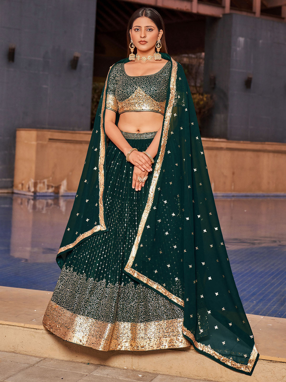 Odette Green Georgette Embellished Semi Stitched Lehenga With Unstitched Blouse For Women