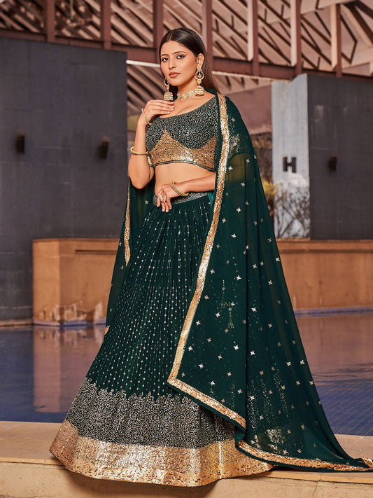 Odette Green Georgette Embellished Semi Stitched Lehenga With Unstitched Blouse For Women