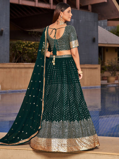 Odette Green Georgette Embellished Semi Stitched Lehenga With Unstitched Blouse For Women