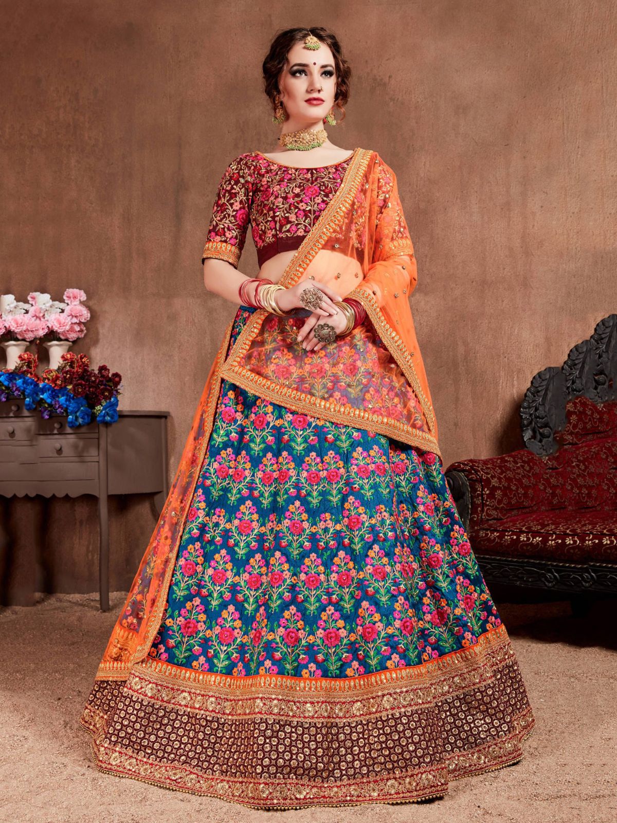 Odette Blue Silk Blend Embroidered Semi Stitched Lehenga With Blouse For Women