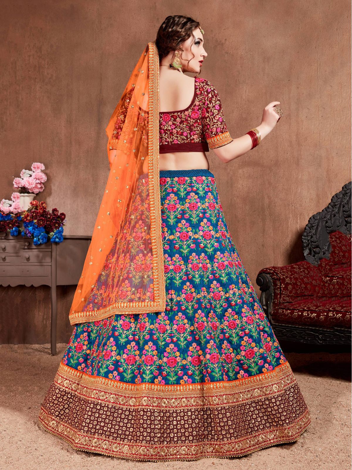 Odette Blue Silk Blend Embroidered Semi Stitched Lehenga With Blouse For Women