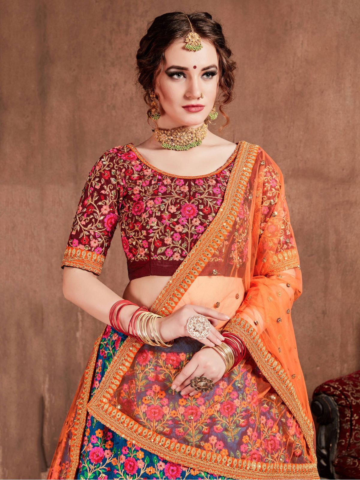 Odette Blue Silk Blend Embroidered Semi Stitched Lehenga With Blouse For Women