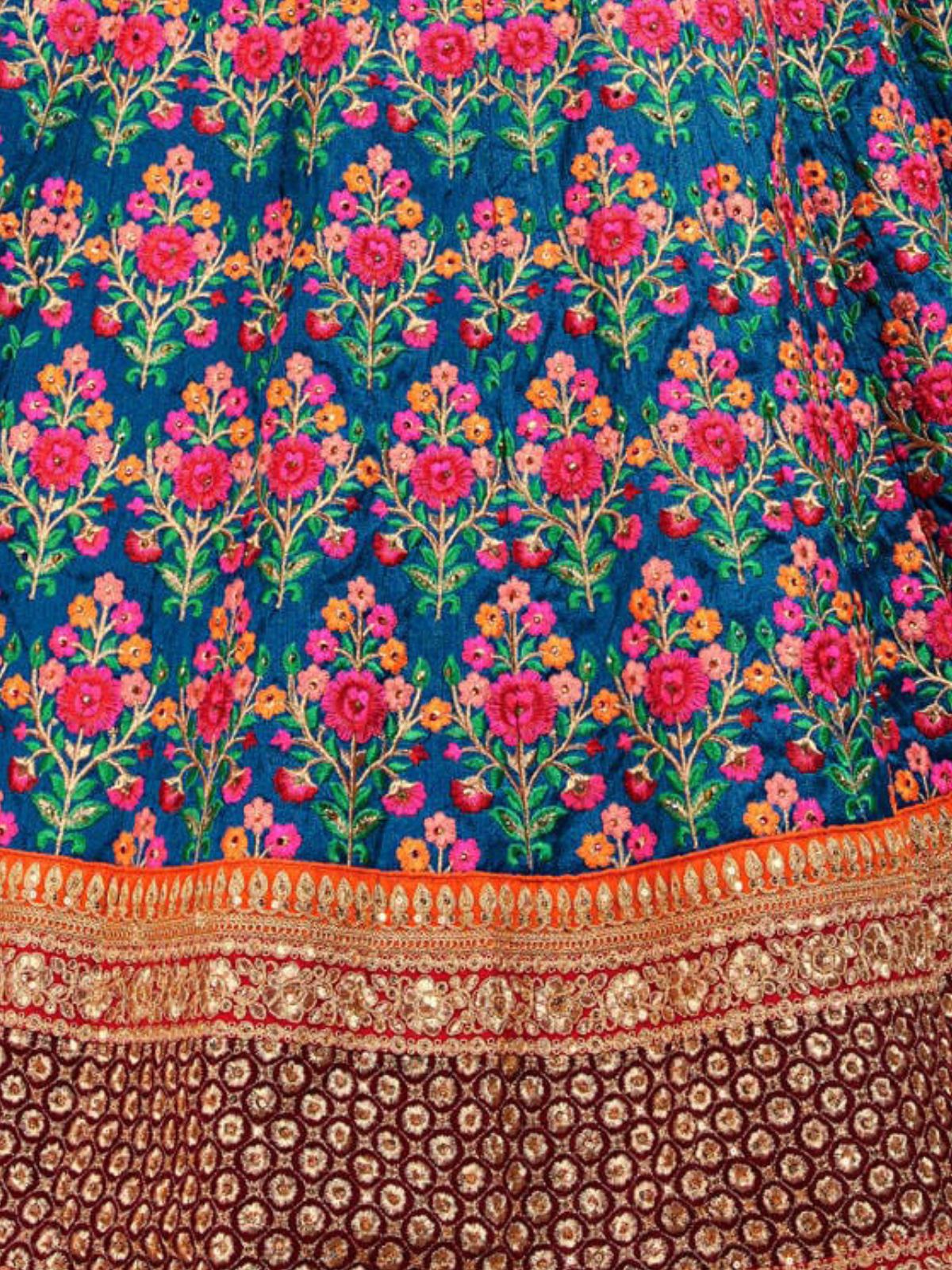 Odette Blue Silk Blend Embroidered Semi Stitched Lehenga With Blouse For Women