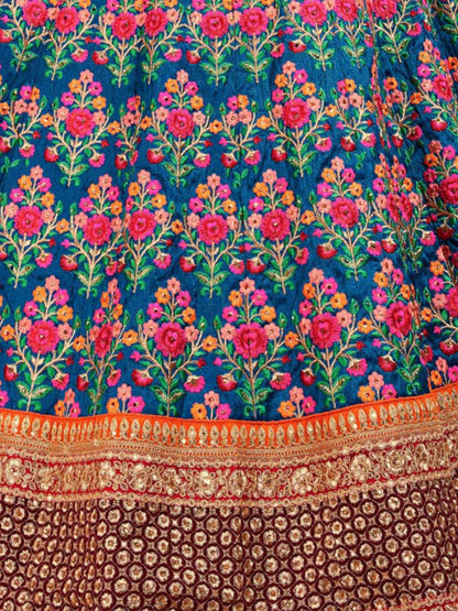 Odette Blue Silk Blend Embroidered Semi Stitched Lehenga With Blouse For Women