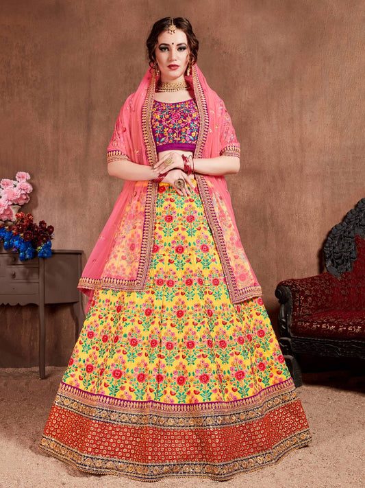 Odette Yellow Silk Blend Embroidered Semi Stitched Lehenga With Blouse For Women