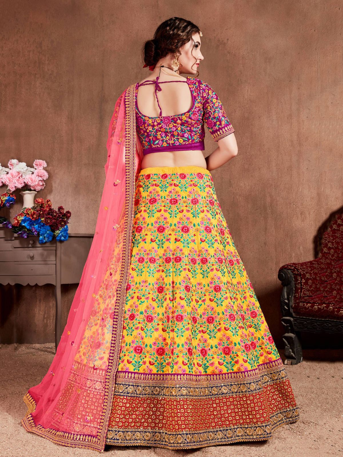 Odette Yellow Silk Blend Embroidered Semi Stitched Lehenga With Blouse For Women