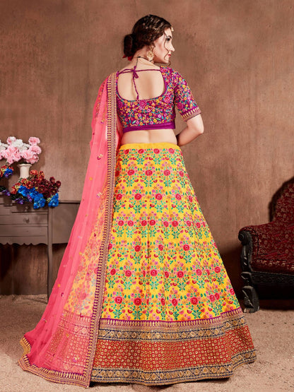 Odette Yellow Silk Blend Embroidered Semi Stitched Lehenga With Blouse For Women