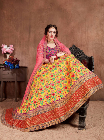 Odette Yellow Silk Blend Embroidered Semi Stitched Lehenga With Blouse For Women