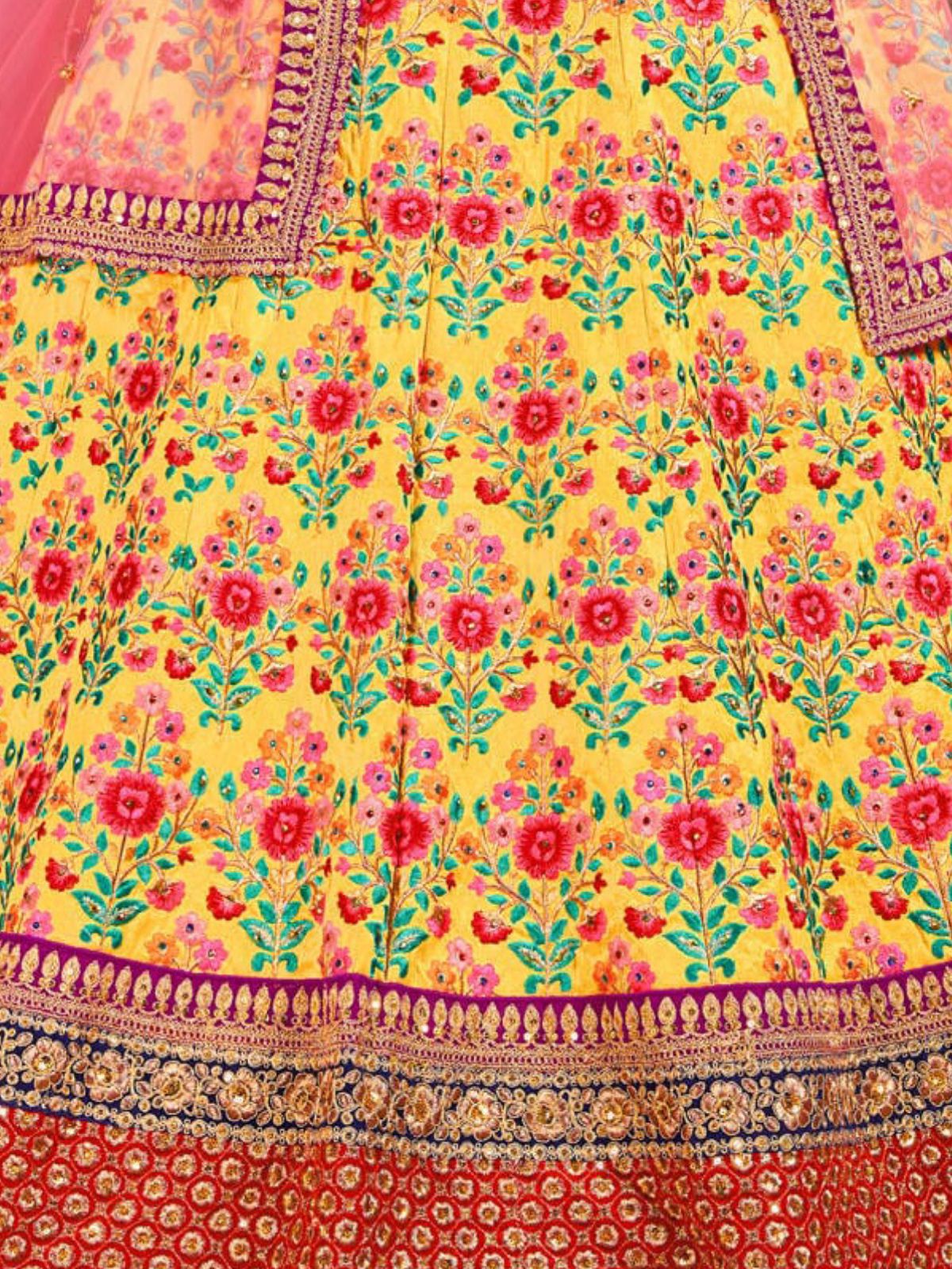 Odette Yellow Silk Blend Embroidered Semi Stitched Lehenga With Blouse For Women