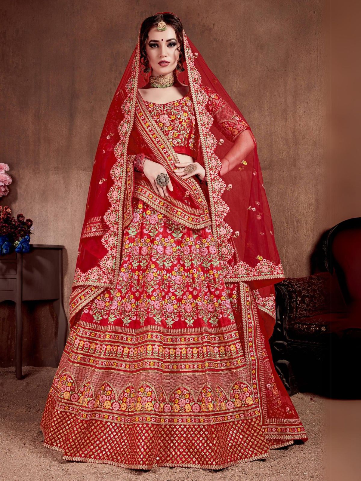 Odette Red Silk Blend Embroidered Semi Stitched Lehenga With Blouse For Women