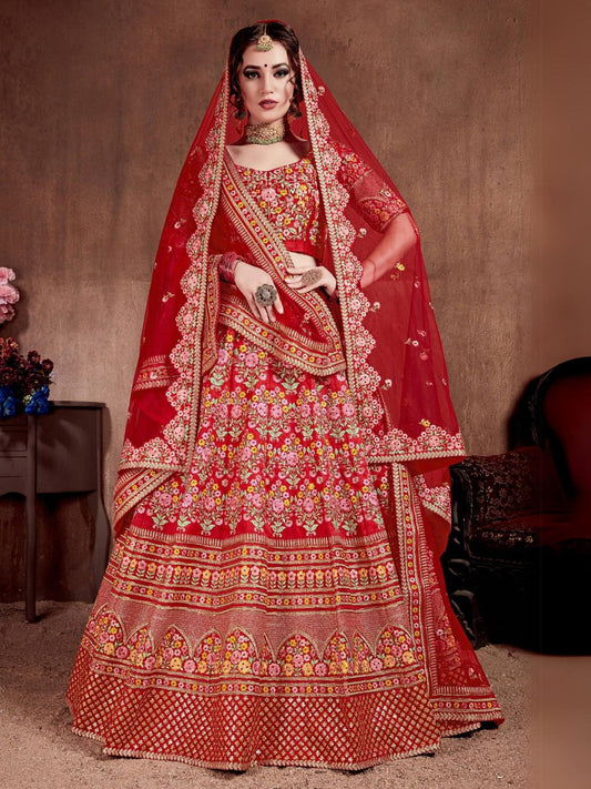 Odette Red Silk Blend Embroidered Semi Stitched Lehenga With Blouse For Women