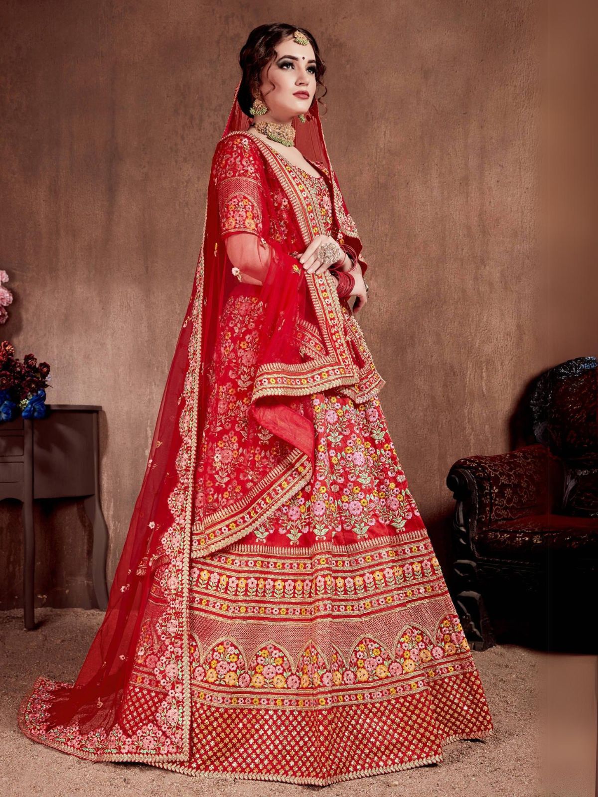 Odette Red Silk Blend Embroidered Semi Stitched Lehenga With Blouse For Women