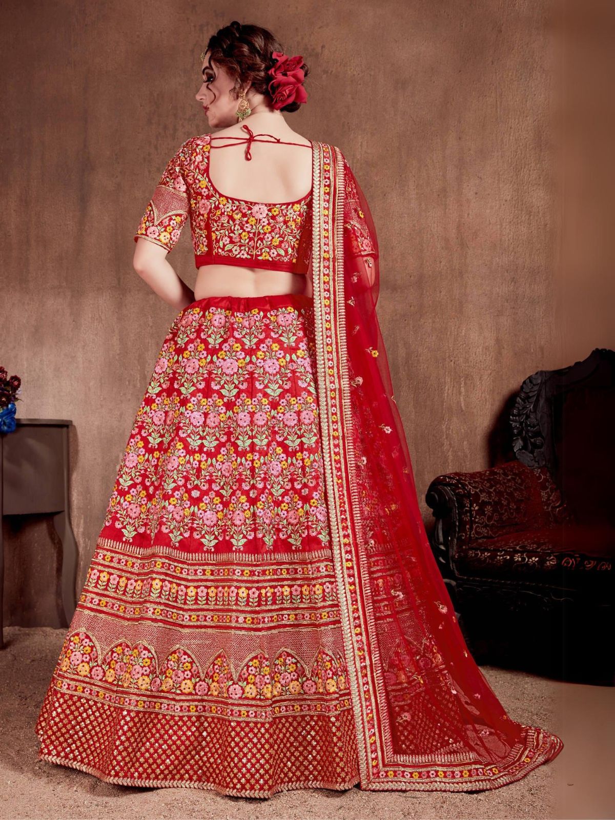 Odette Red Silk Blend Embroidered Semi Stitched Lehenga With Blouse For Women