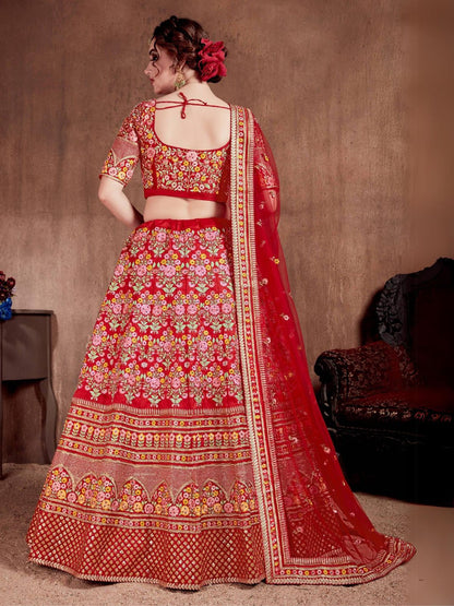 Odette Red Silk Blend Embroidered Semi Stitched Lehenga With Blouse For Women