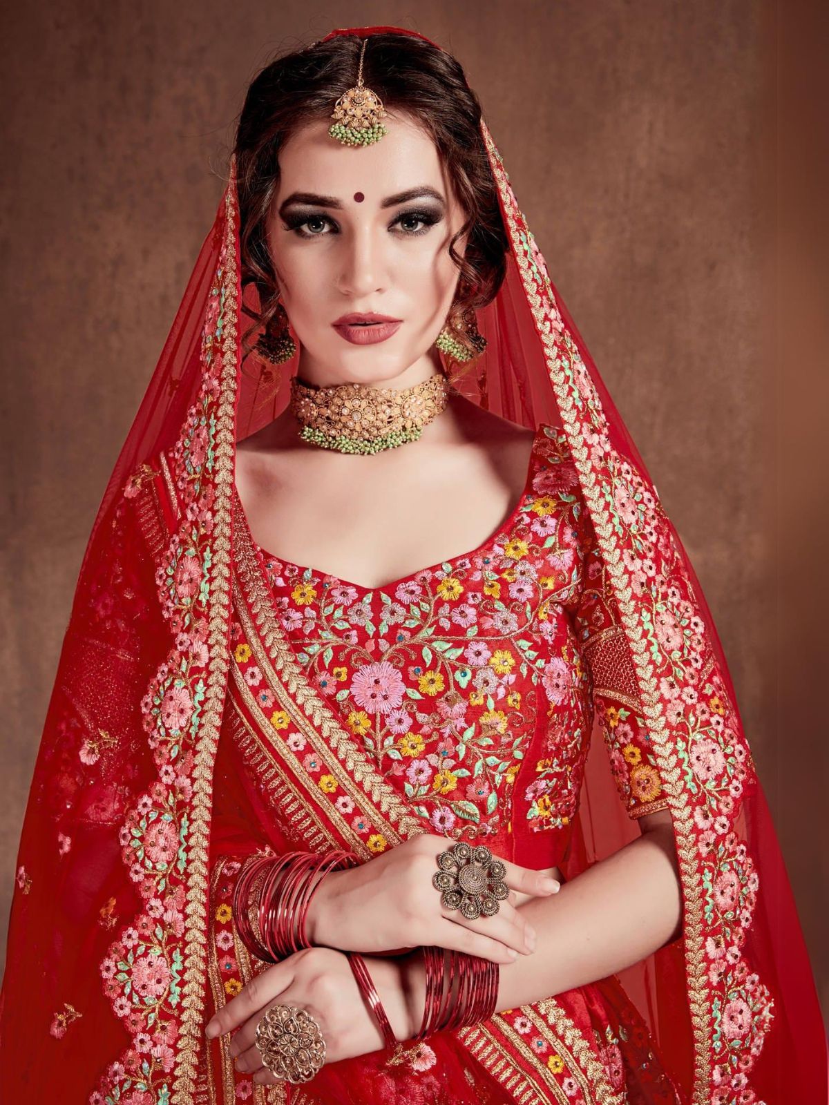 Odette Red Silk Blend Embroidered Semi Stitched Lehenga With Blouse For Women