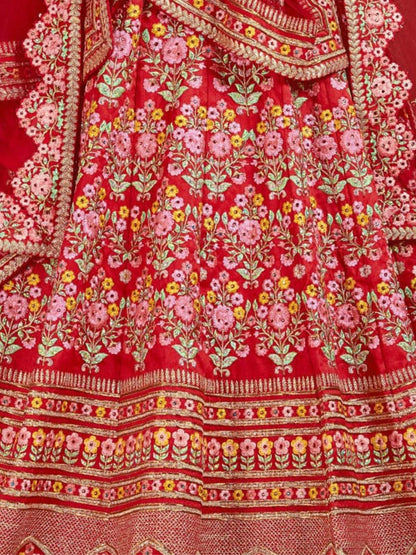 Odette Red Silk Blend Embroidered Semi Stitched Lehenga With Blouse For Women