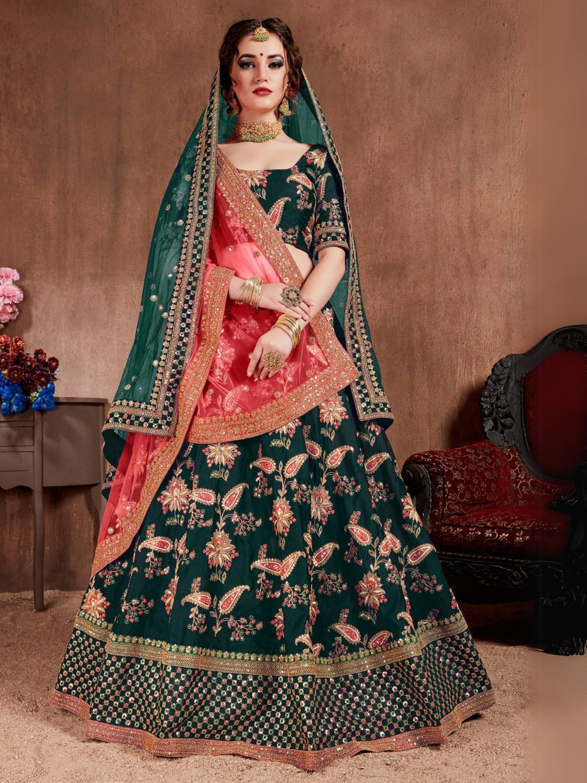 Odette Green Silk Blend Embroidered Semi Stitched Lehenga With Blouse For Women