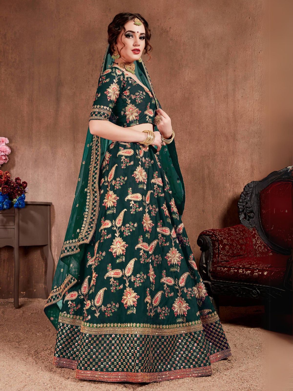 Odette Green Silk Blend Embroidered Semi Stitched Lehenga With Blouse For Women
