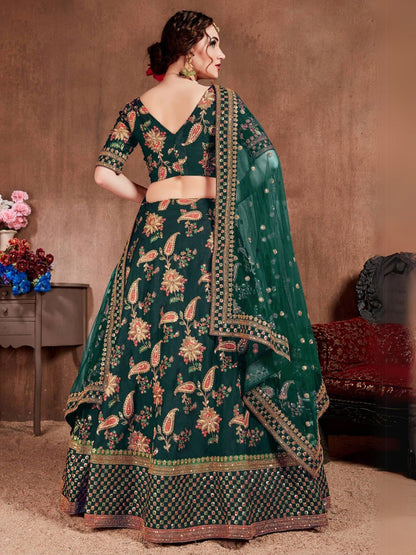 Odette Green Silk Blend Embroidered Semi Stitched Lehenga With Blouse For Women