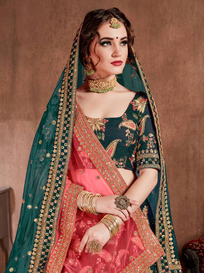 Odette Green Silk Blend Embroidered Semi Stitched Lehenga With Blouse For Women