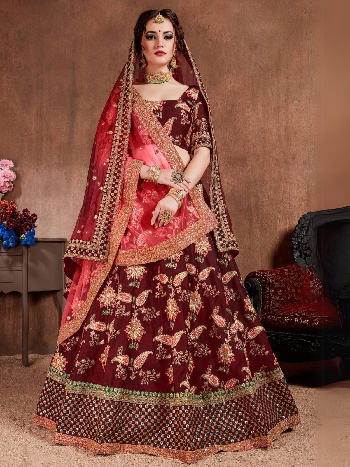 Odette Maroon Silk Blend Embroidered Semi Stitched Lehenga With Blouse For Women
