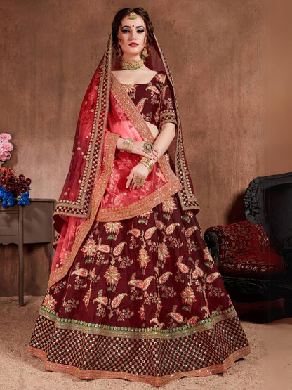 Odette Maroon Silk Blend Embroidered Semi Stitched Lehenga With Blouse For Women