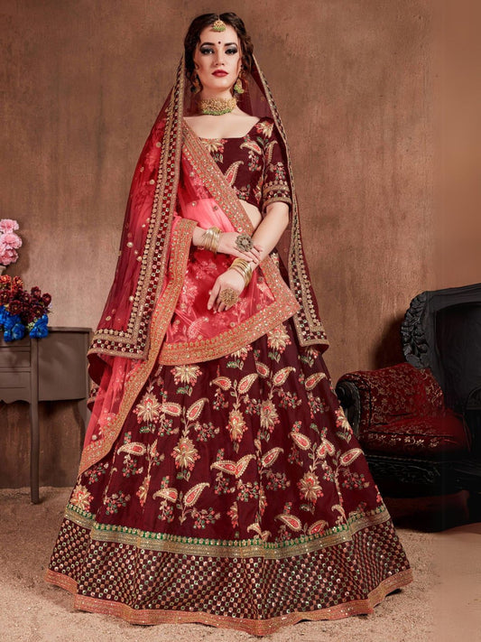 Odette Maroon Silk Blend Embroidered Semi Stitched Lehenga With Blouse For Women